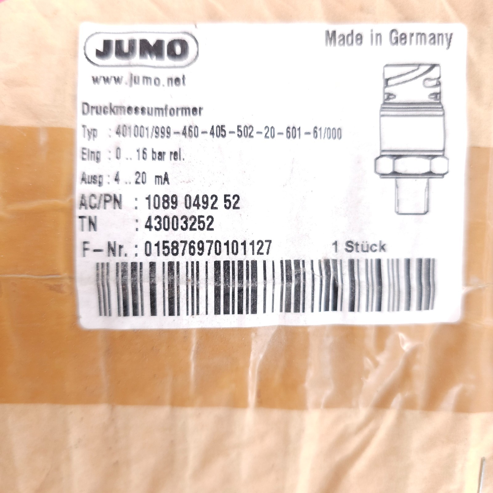 Jumo 401001/999 0 – 16 Bar Pressure Transducer 4-20ma Atlas Copco 108-90492-52