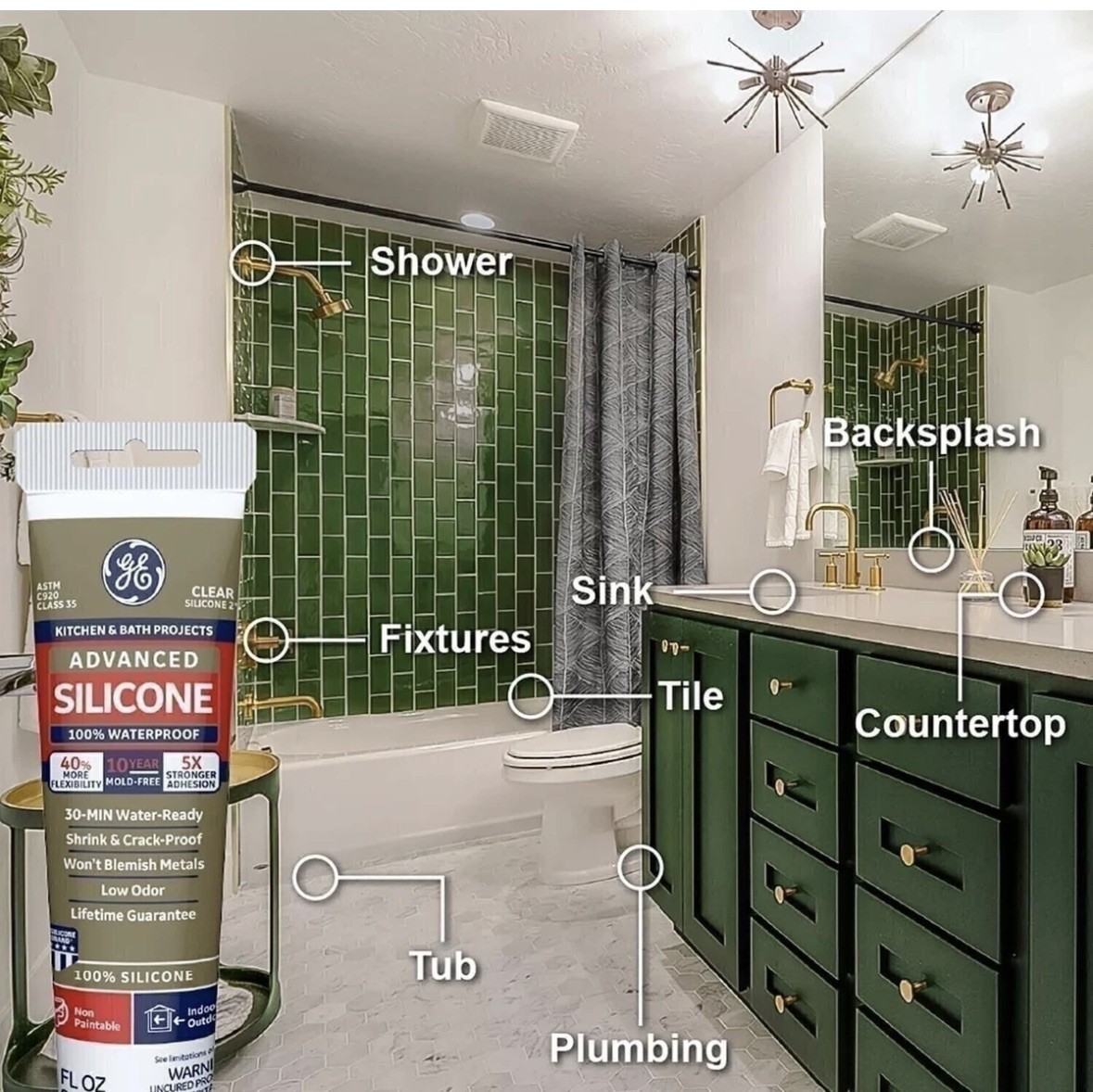 GE Advanced Silicone Caulk for Kitchen & Bathroom – 100% Waterproof Silicone…