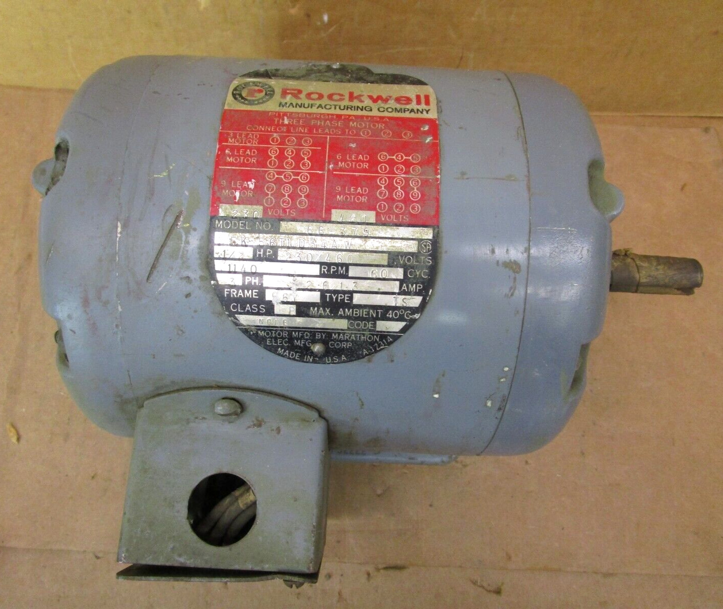 Rockwell 66-379 Electric Motor 1/2 HP 1140 RPM 230/460 Volts 51126LR
