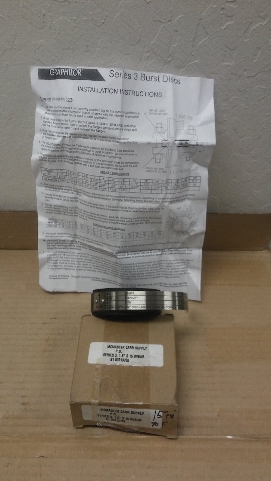 MCMASTER CARR 1.5″ Series 3 15 PSIG Graphite Flanged GRAPHILOR BURST DISC