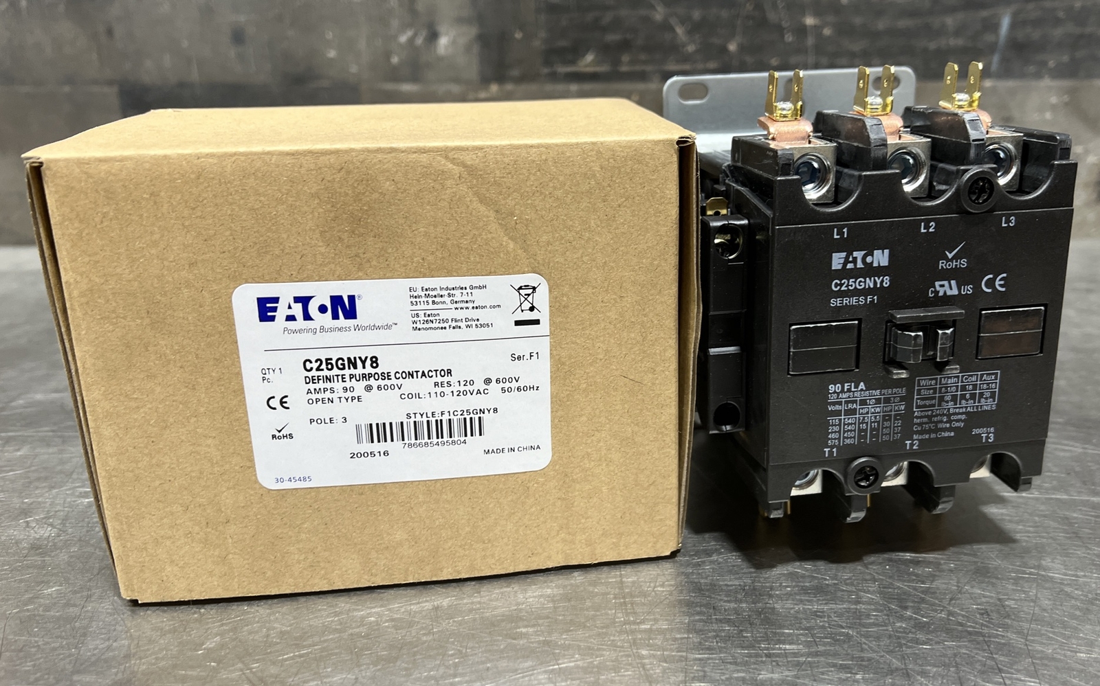 Eaton C25GNY8, Definite Purpose Contactors Non-Reversing 3P 90A 120V 50/60Hz Nos