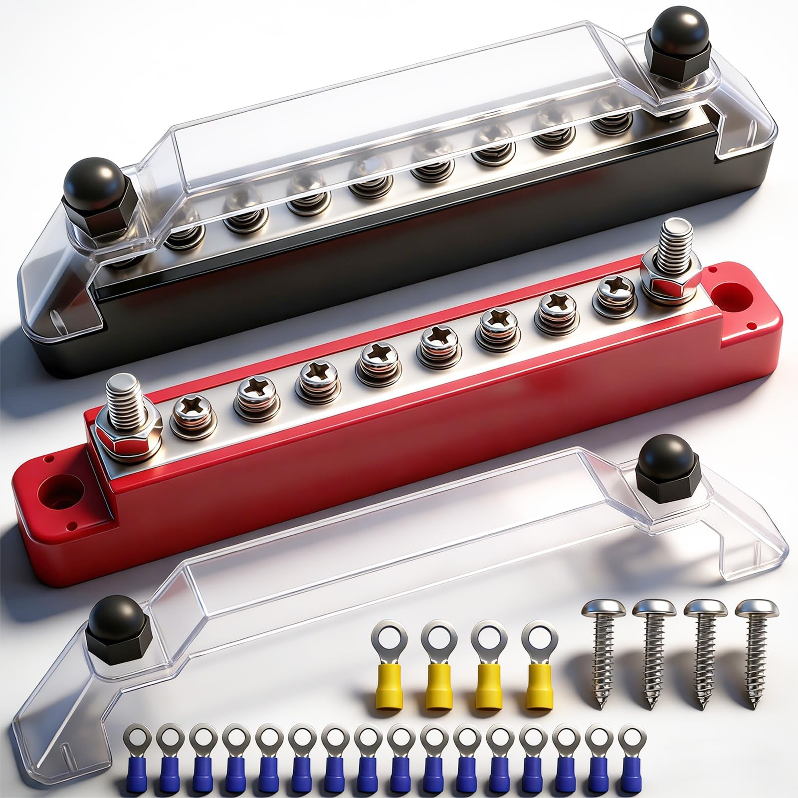 Aienxn 150A 12V Bus Bar 150A, Type A: 2 x M6 Studs & 8 x M4 Screws(BK+R)