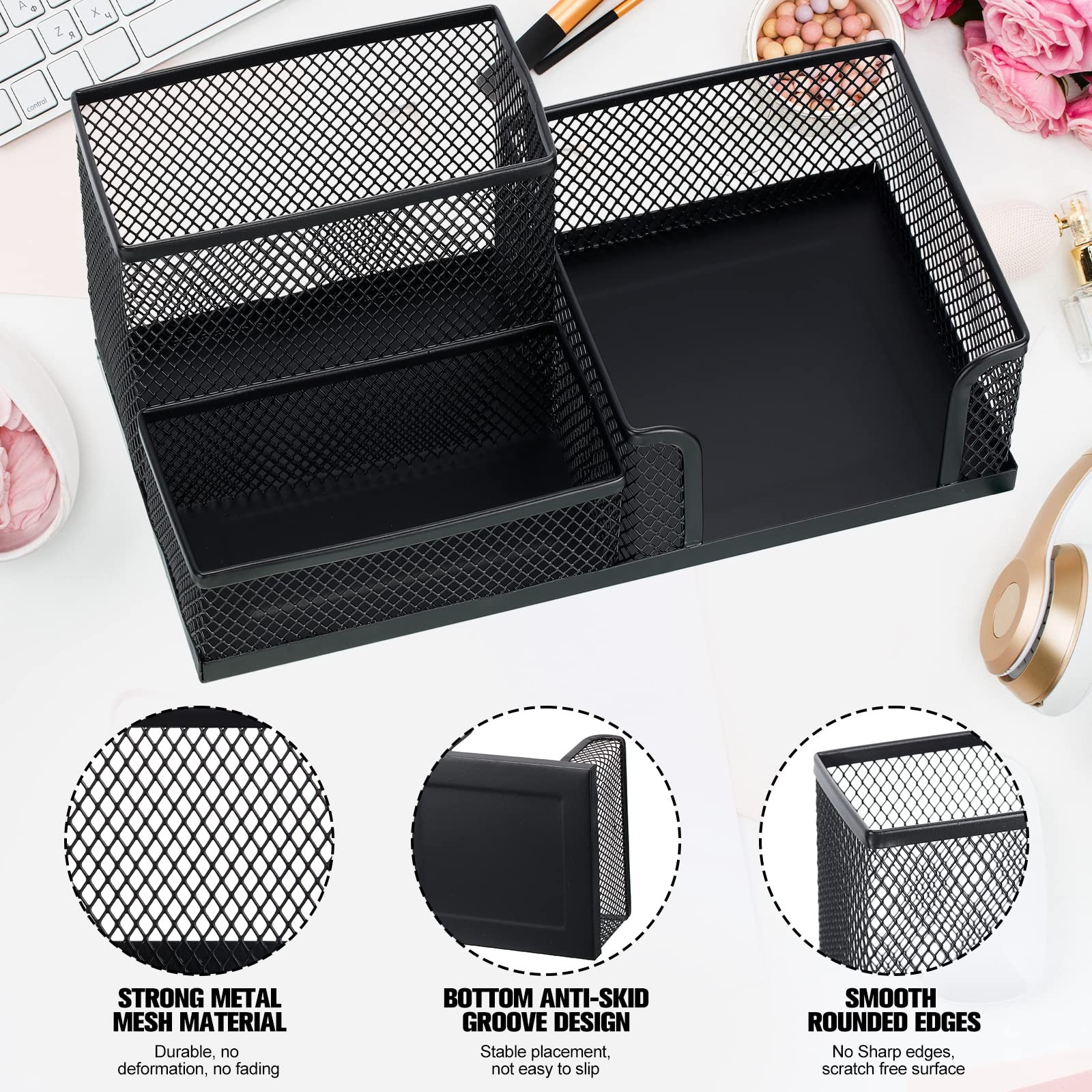 Ferraycle 4 Pcs Mesh Desk Organizer 3 Compartments Pen Holder black