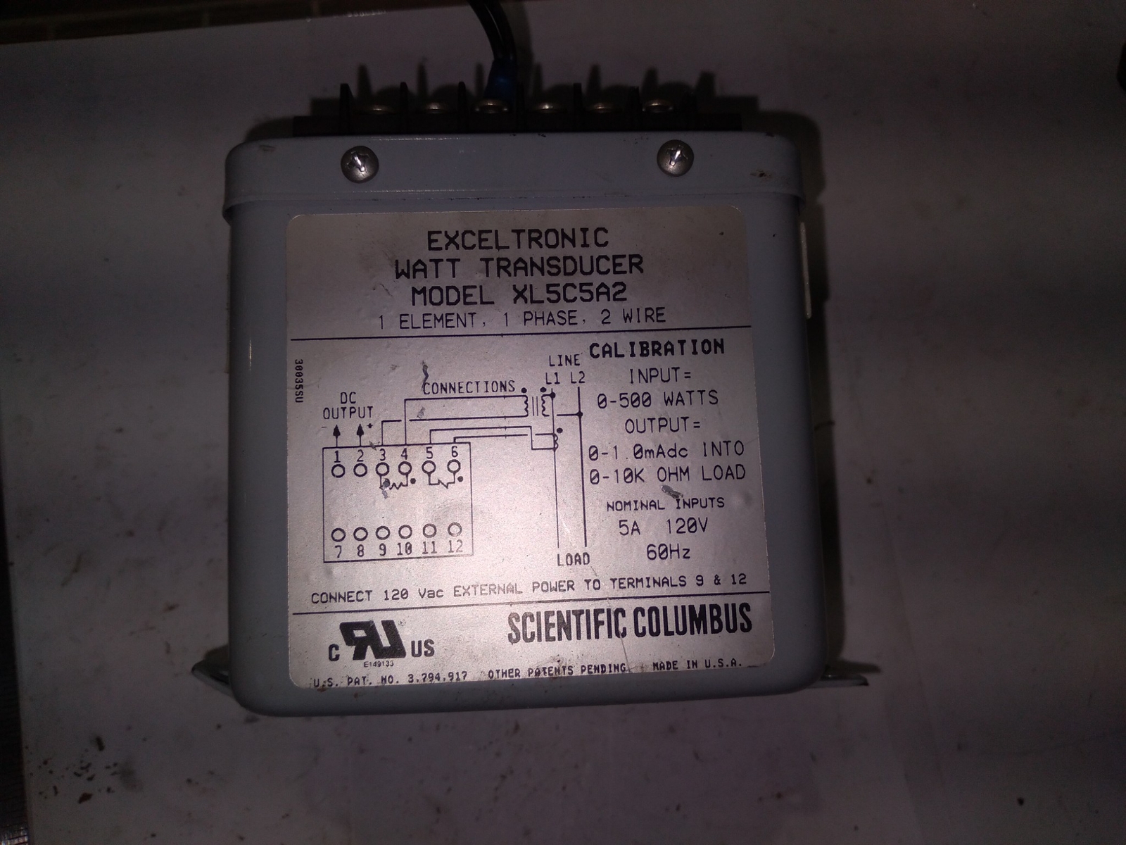 SCIENTIFIC COLUMBUS EXCEL TRONIC WATT TRANSDUCER XL5C5A2 120VAC 5A 60HZ