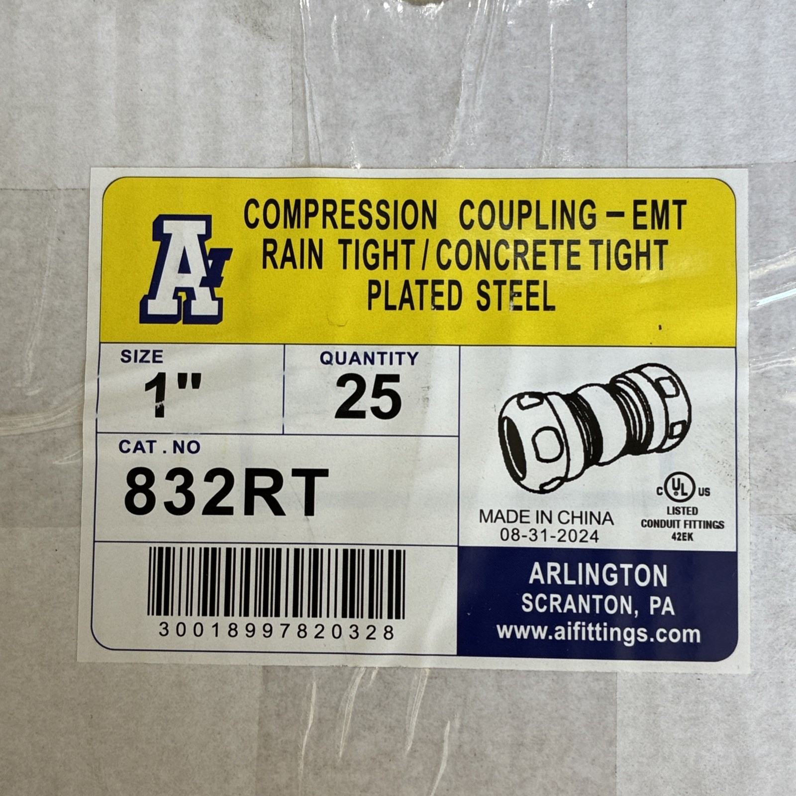 25x Arlington 832RT, 1″, Steel, Rain Tight, Compression, EMT Conduit Coupling