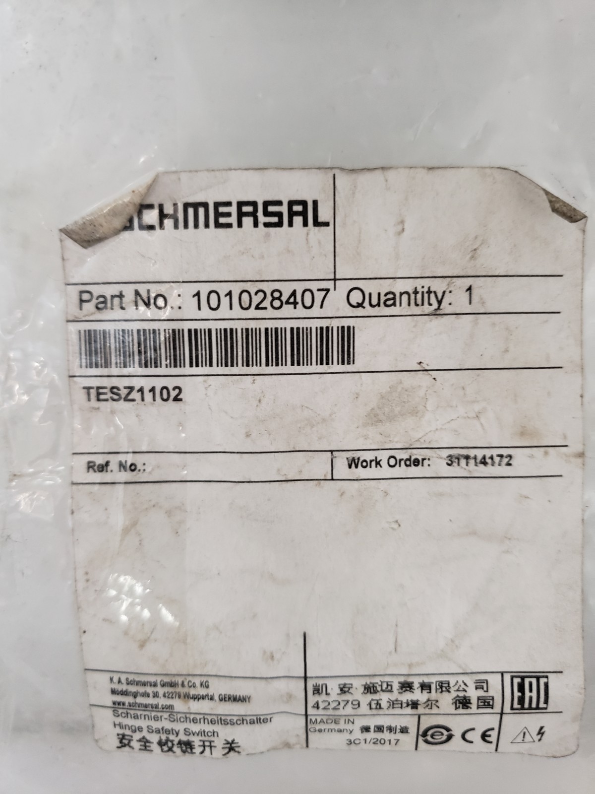 SCHMERSAL TESZ1102/30 HINGE SAFETY SWITCH THERMOPLASTIC NIB