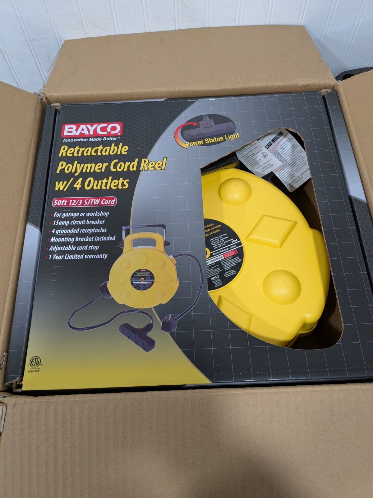 Bayco Cord & Cable Reel: 12 AWG, 50′ Long, Outlet End 4 Outlet SL-8904