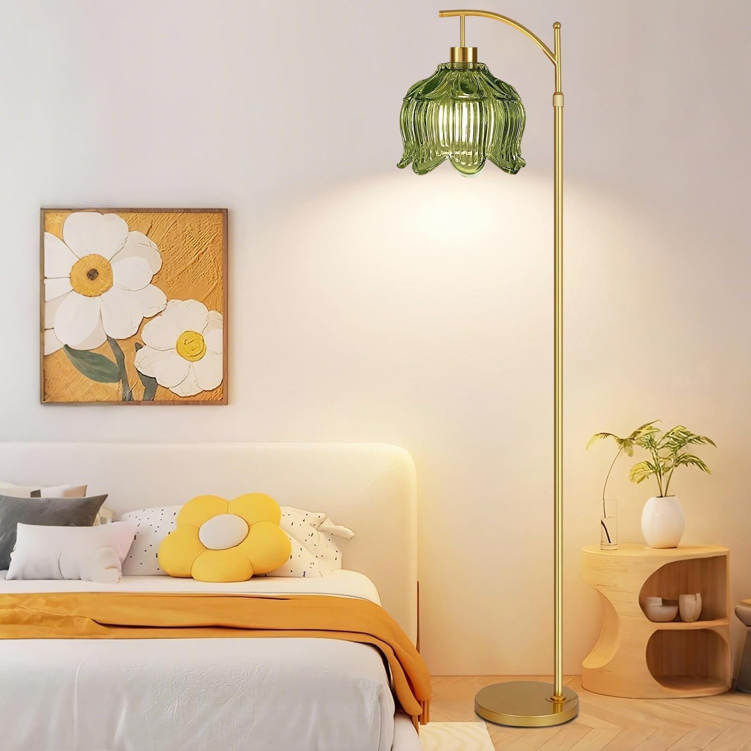 Mid Century Modern Gold Floor Lamp with Remote – Dimmable Brass & Green Glass Ar