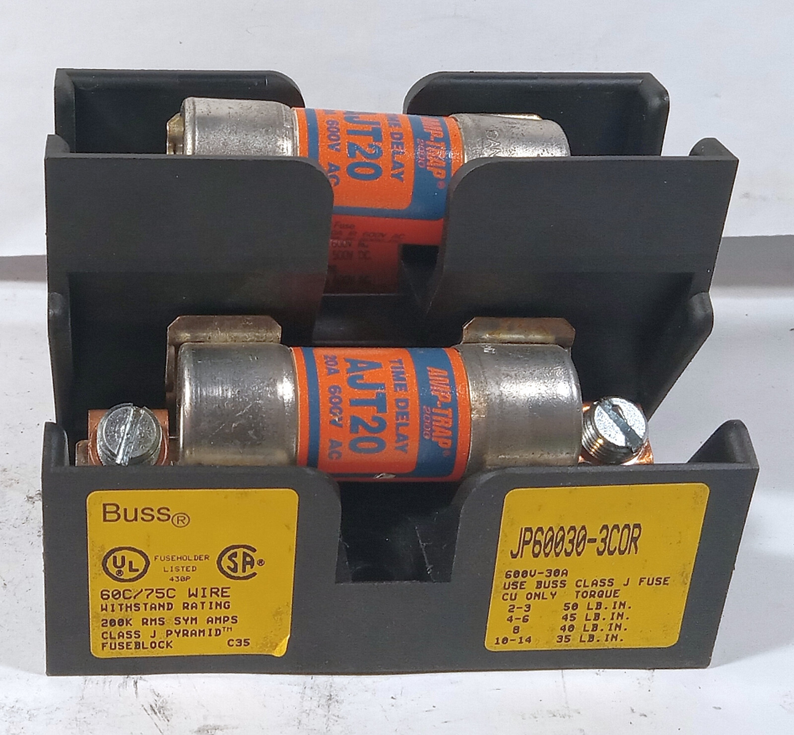 1 USED BUSS JP60030-3COR PYRAMID STYLE FUSE HOLDER W/FUSES ***MAKE OFFER***
