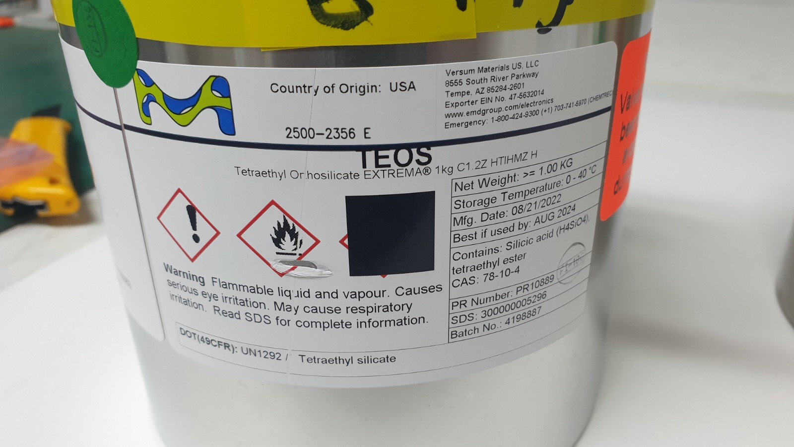 TEOS Cylinder – Schumacher BK1200SSU – Air Products / Versum – P/N: 2500-2356
