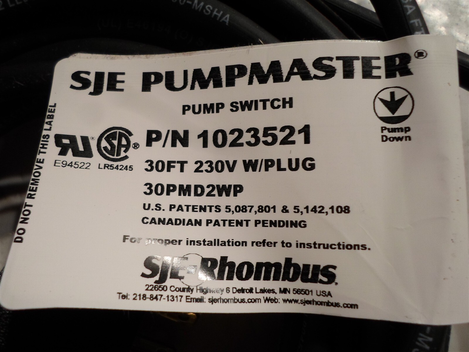 SJE Pumpmater Pump Float Switch P/N 1023521, 30 ft 230V w/ plug, SJE – Rhombus