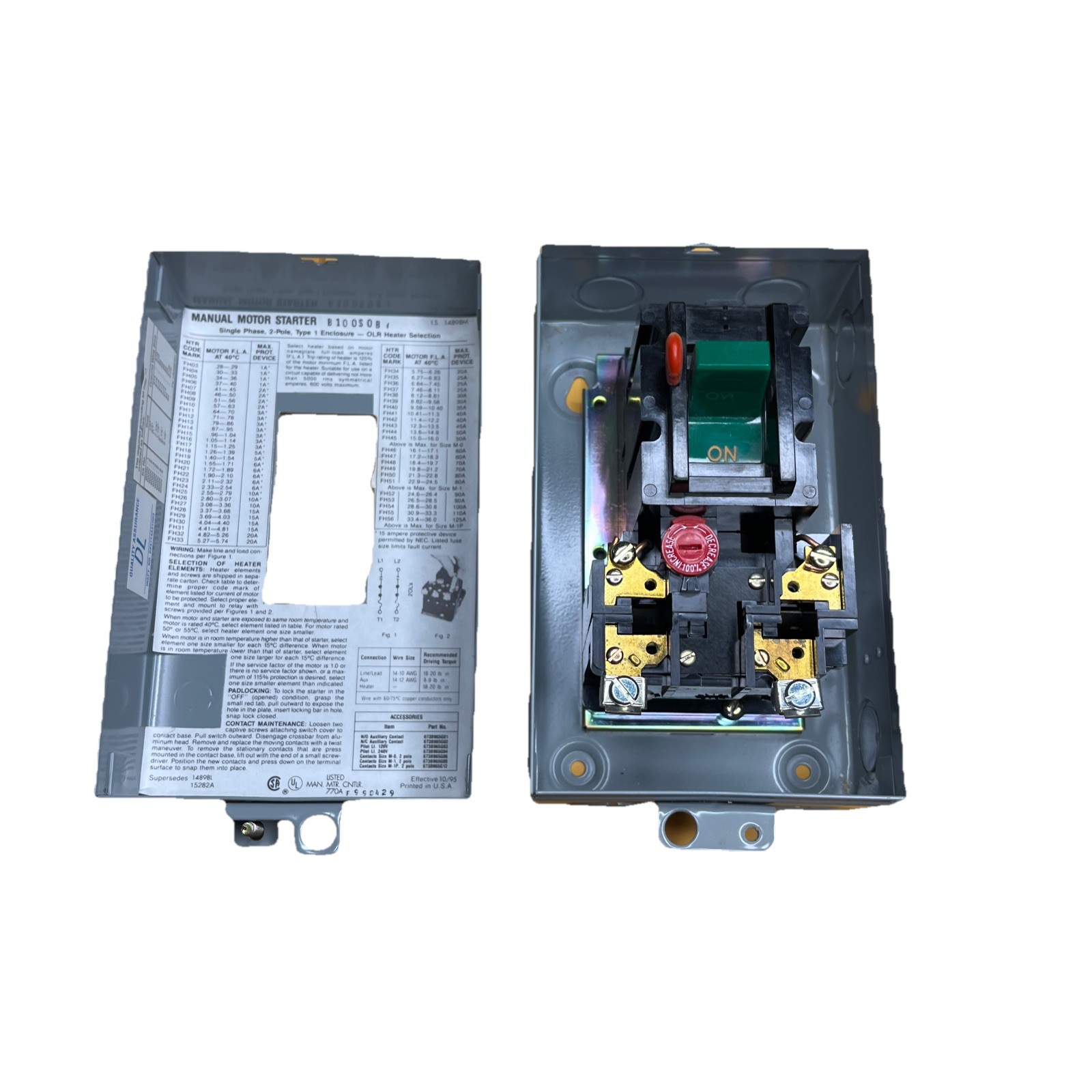 B100S0B EATON Cutler Hammer MOTOR STARTER MANUAL 2 HP 240 VAC Style 2603D68G02