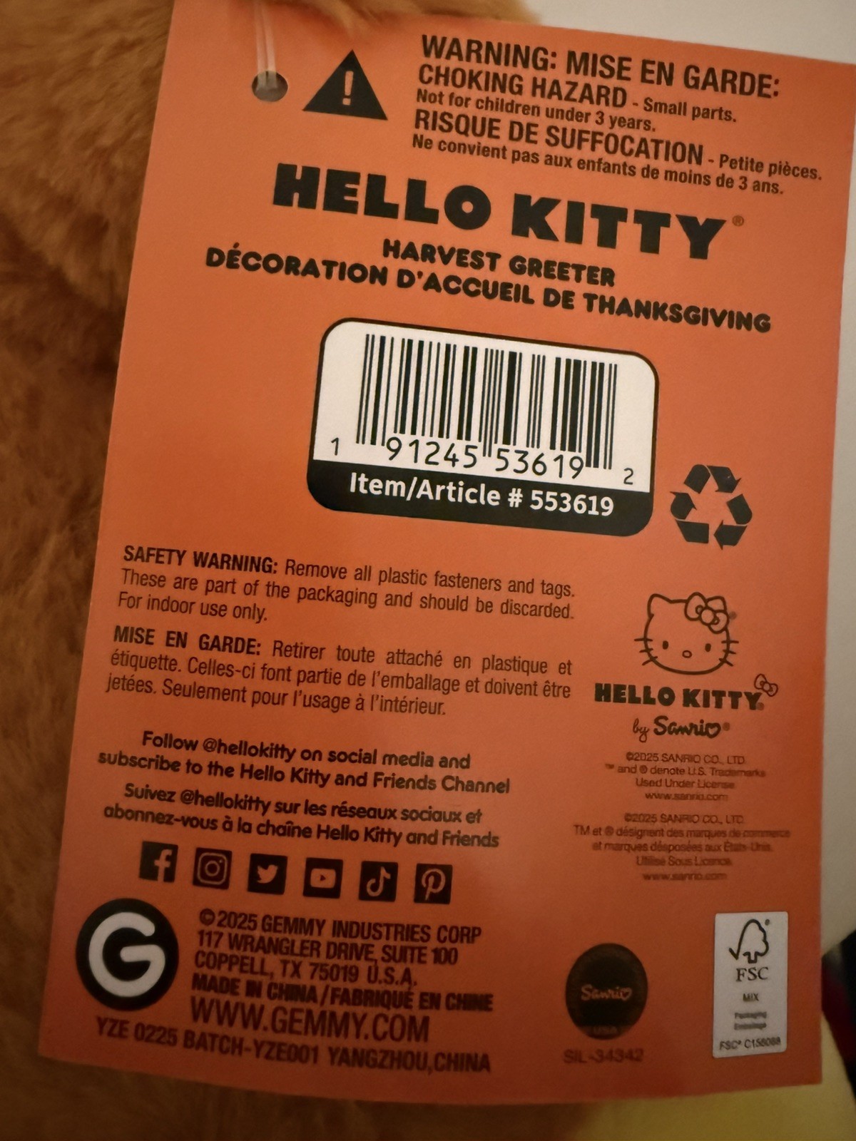 Hello Kitty Harvest Greeter 2024 18″ Turkey Plush Thanksgiving by Sanrio #553619