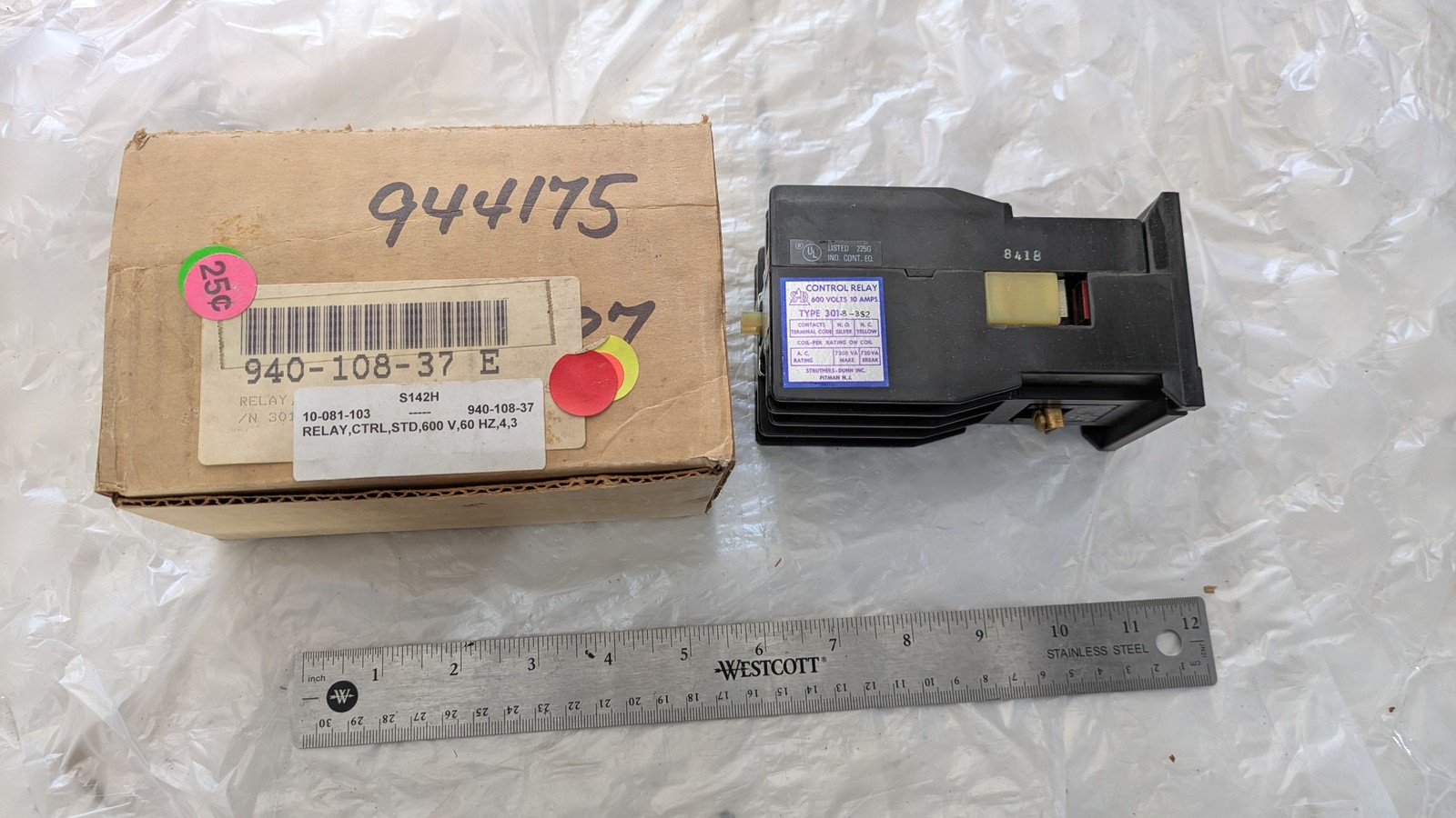 STRUTHERS-DUNN CONTROL RELAY 301-8-3S2 10AMPS COIL 500-600 VAC