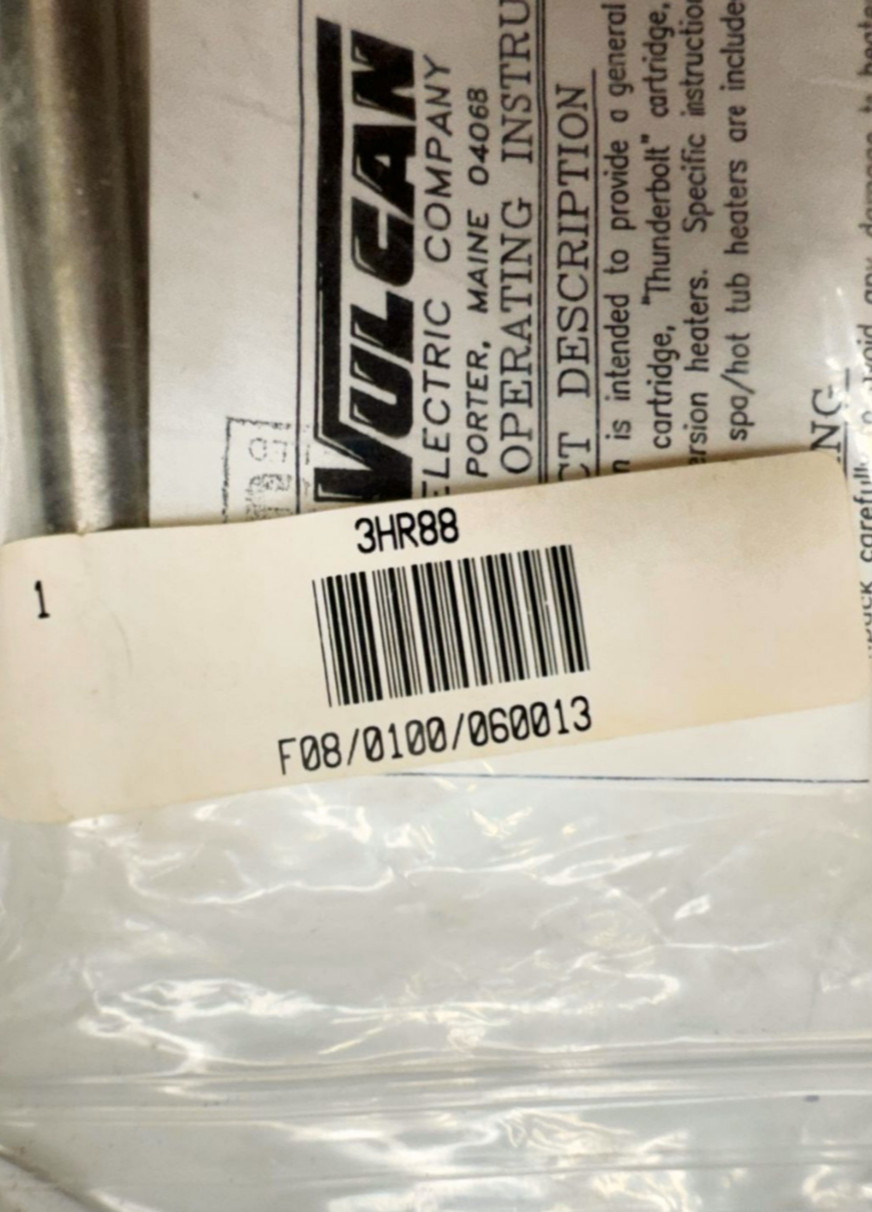 Vulcan TB505A Swaged Cartridge Heater, 250W, 120V, 3HR88, 4TB1, F08/0100/060013