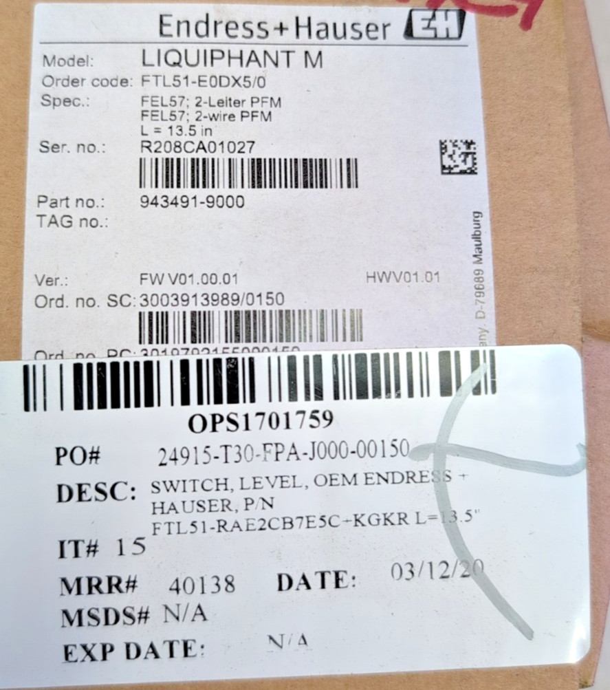 ENDRESS HAUSER LIQUIPHANT M FTL51-E0DX5/0 13.5IN, LEVEL SWITCH VIBR