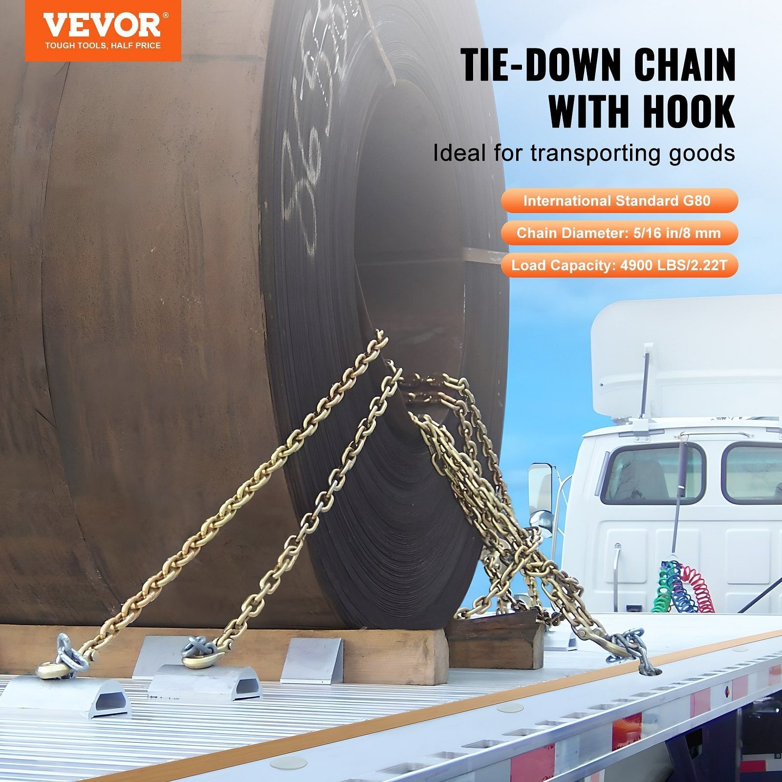 G80 Transport Binder Chain, 5/16″ x 9.84′ 2-Pack Tow Chain with Clevis Grab Hoo