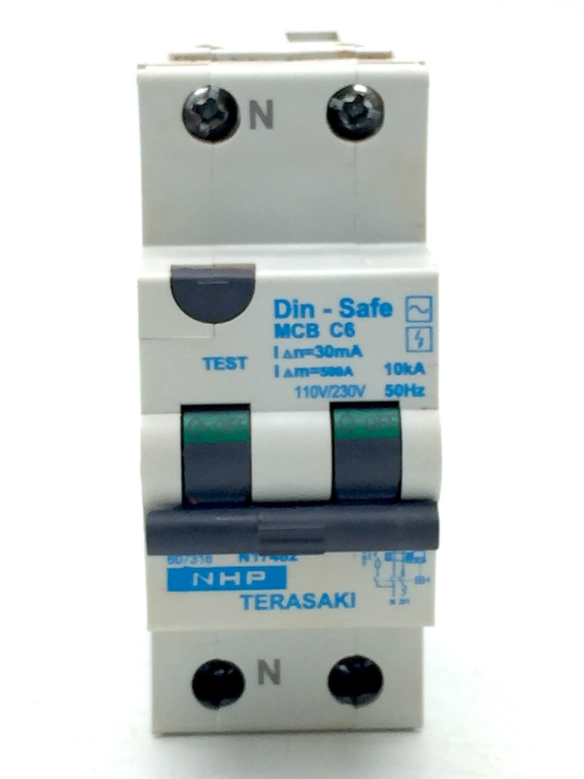NHP TERASAKI DIN-SAFE MCB Circuit Breaker C6 1P+N C Curve 6A 10kA 30mA DSRCB0630