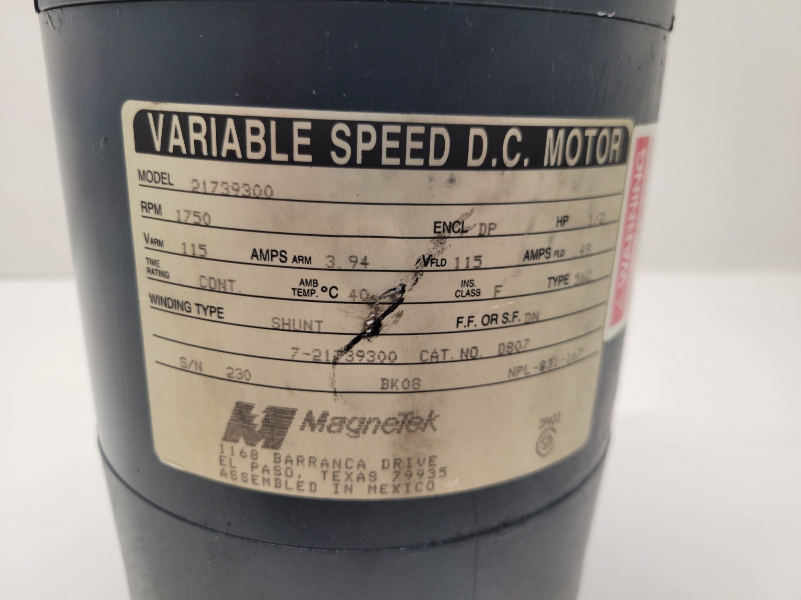 NEW OLD STOCK! MAGNETEK 1/2HP 115V 1750RPM VARIABLE SPEED DC MOTOR D807 21739300