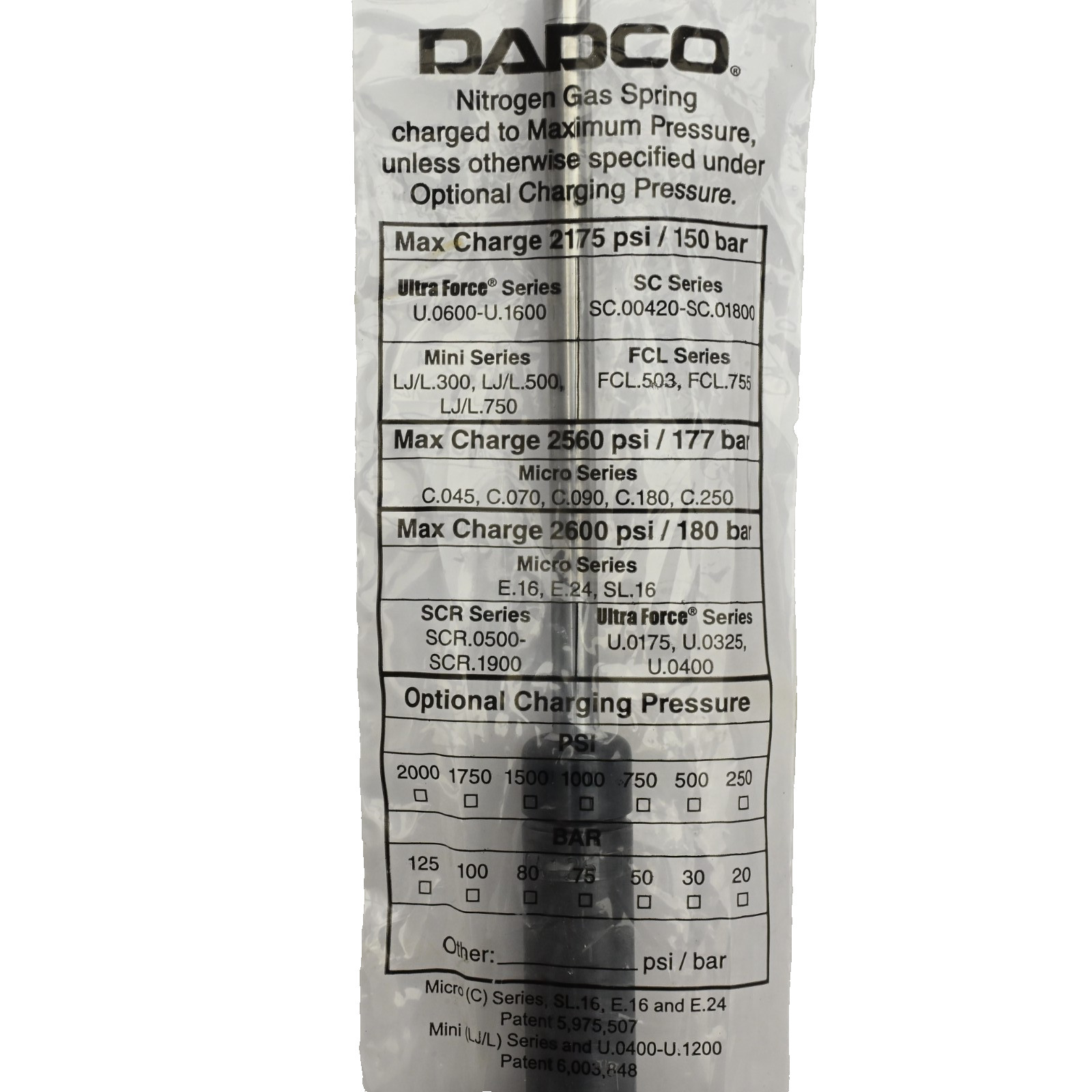 Dadco C.090.125.YW Nitrogen Gas Spring, 125mm Stroke, 177bar