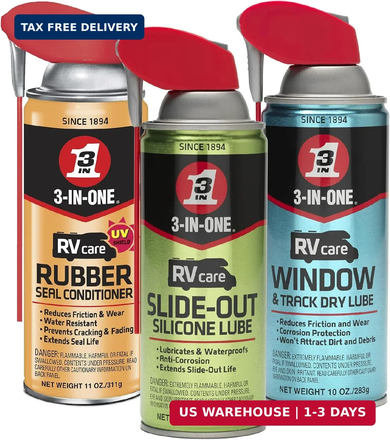 3-IN-ONE RV Care Trio Pack Includes Slide Out Lube 11 oz, Window & Track Lube