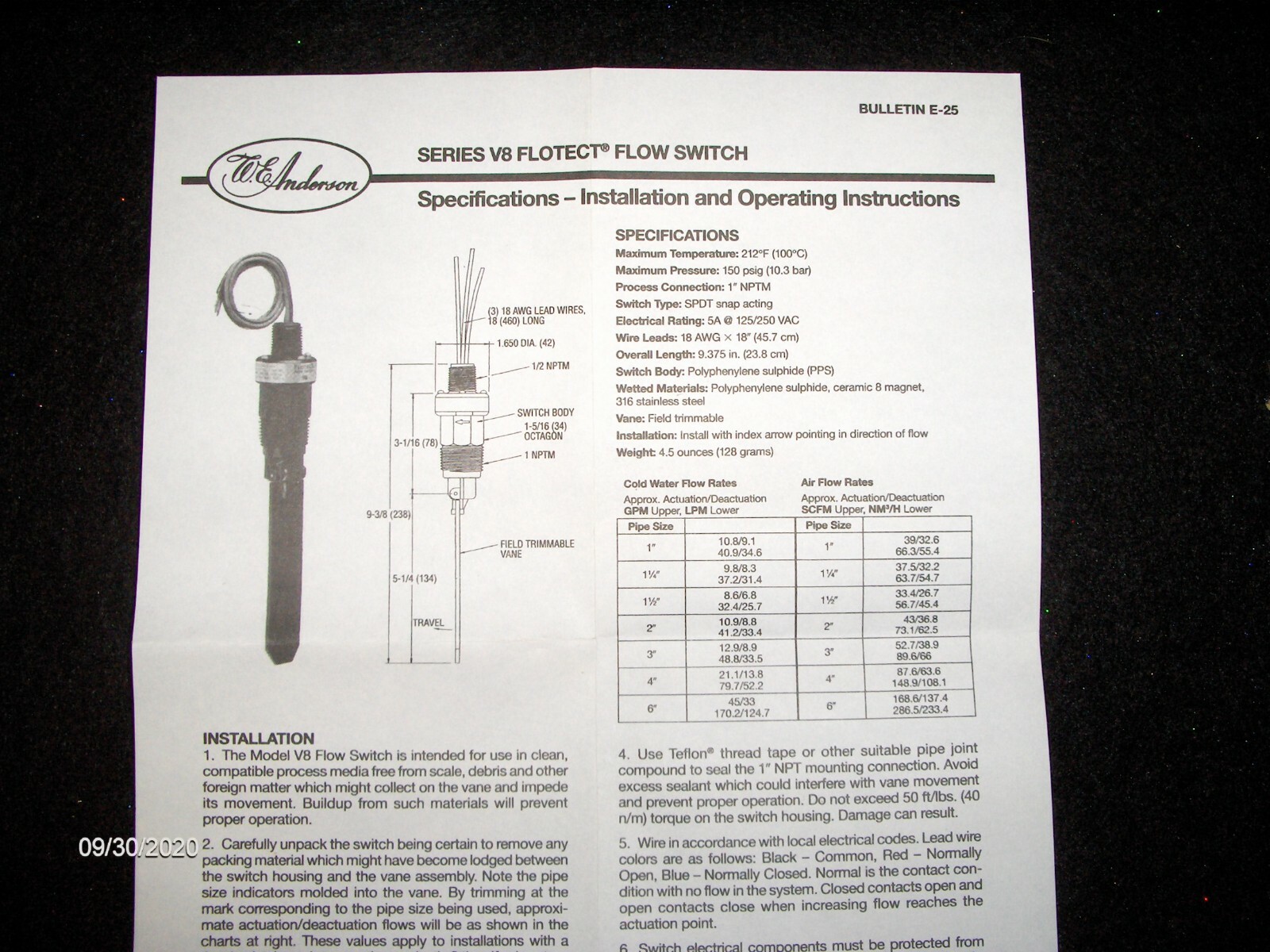 W.E. Anderson Series V8 Flotect Flow Switch 125/250VAC 5amp V8-WP2, A33AB NEW