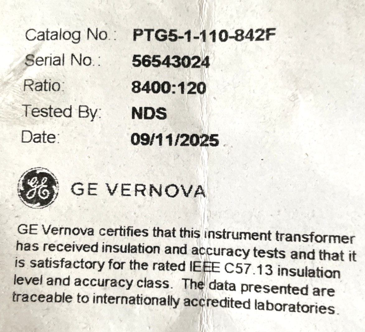 GE Vernova / Instrument Transformer PTG5-1-110-842F / 70:1 BIL 110 kV 60 HZ 0.3Z