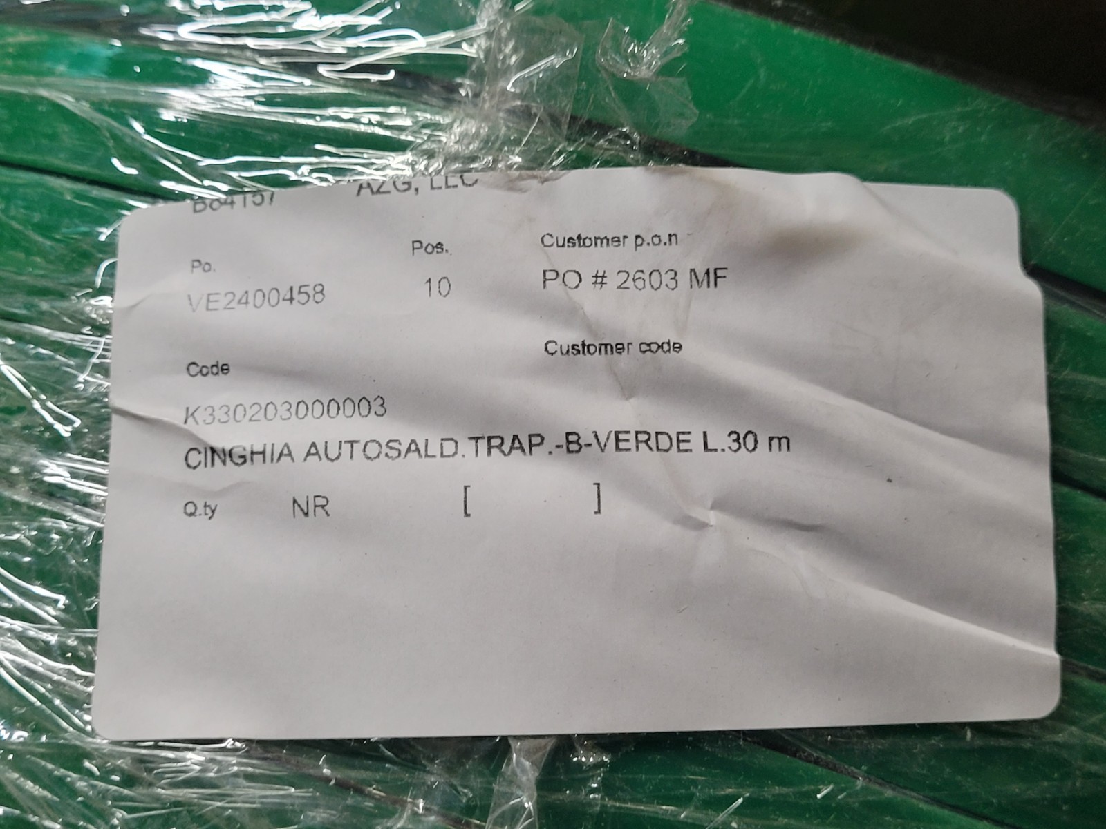 M.E.C. Thermoplastic Polbelt B Green Length: 100′ Made In Italy (New)