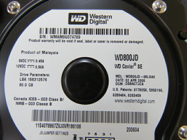 WESTERN DIGITAL WD800JD Qty of 1 per Lot WESTERN DIGITAL HDD 80GB WD800JD-08LSA
