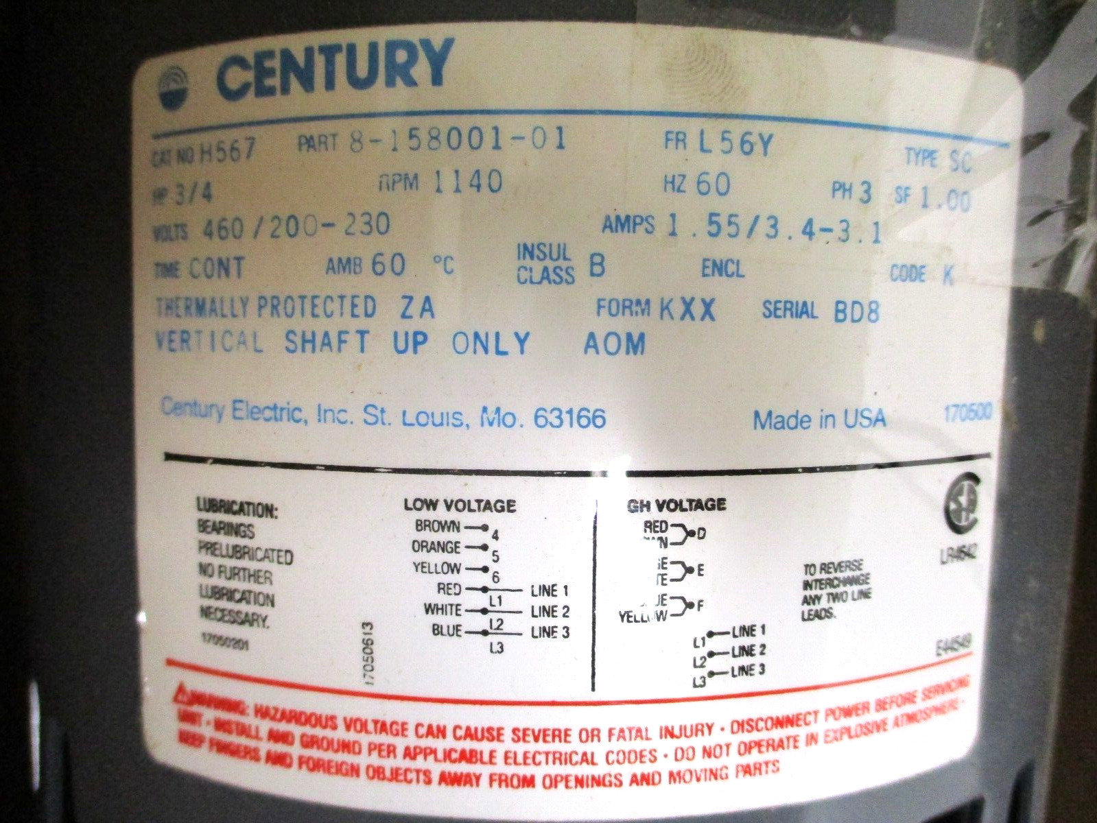 CENTURY ELECTRIC MOTOR , 8-158001-01 , 3/4-HP , 1140-RPM