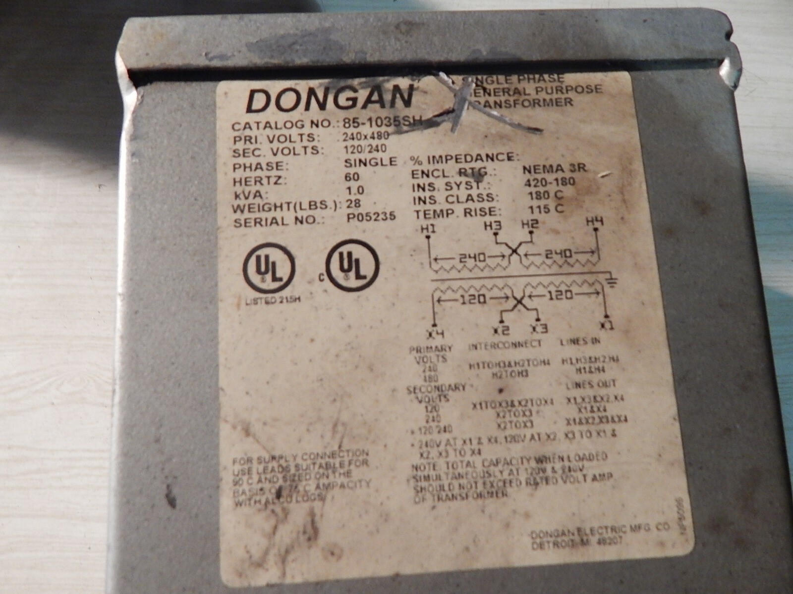 Dongan 85-1035SH P05235 NP-5096 Single Phase General Purpose Transformer