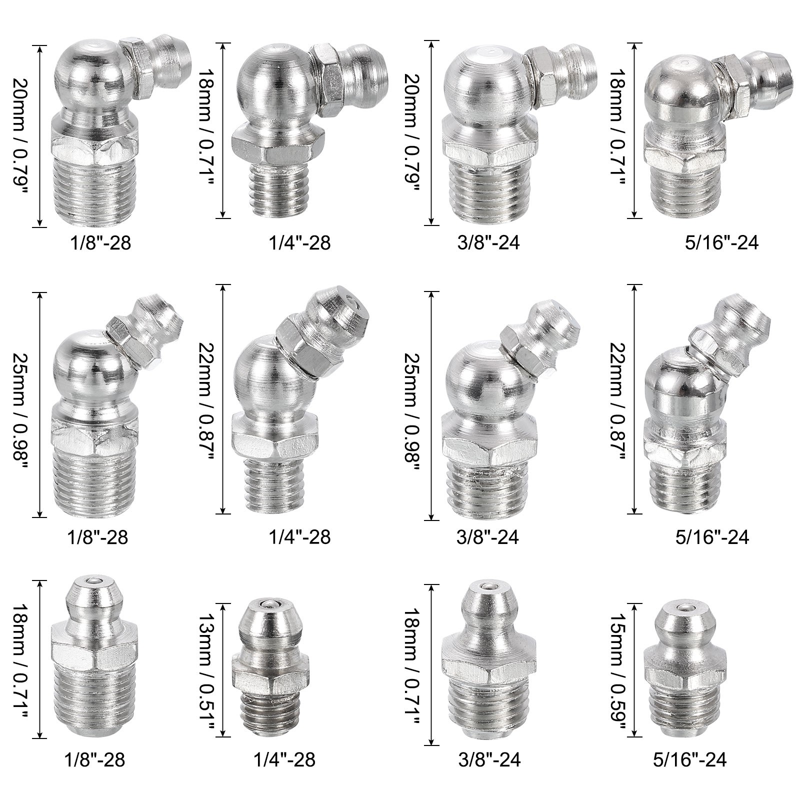 Straight and Angled Grease Fitting 1/4″-28 5/16″-24 3/8″-24 1/8″-28, 45Pcs