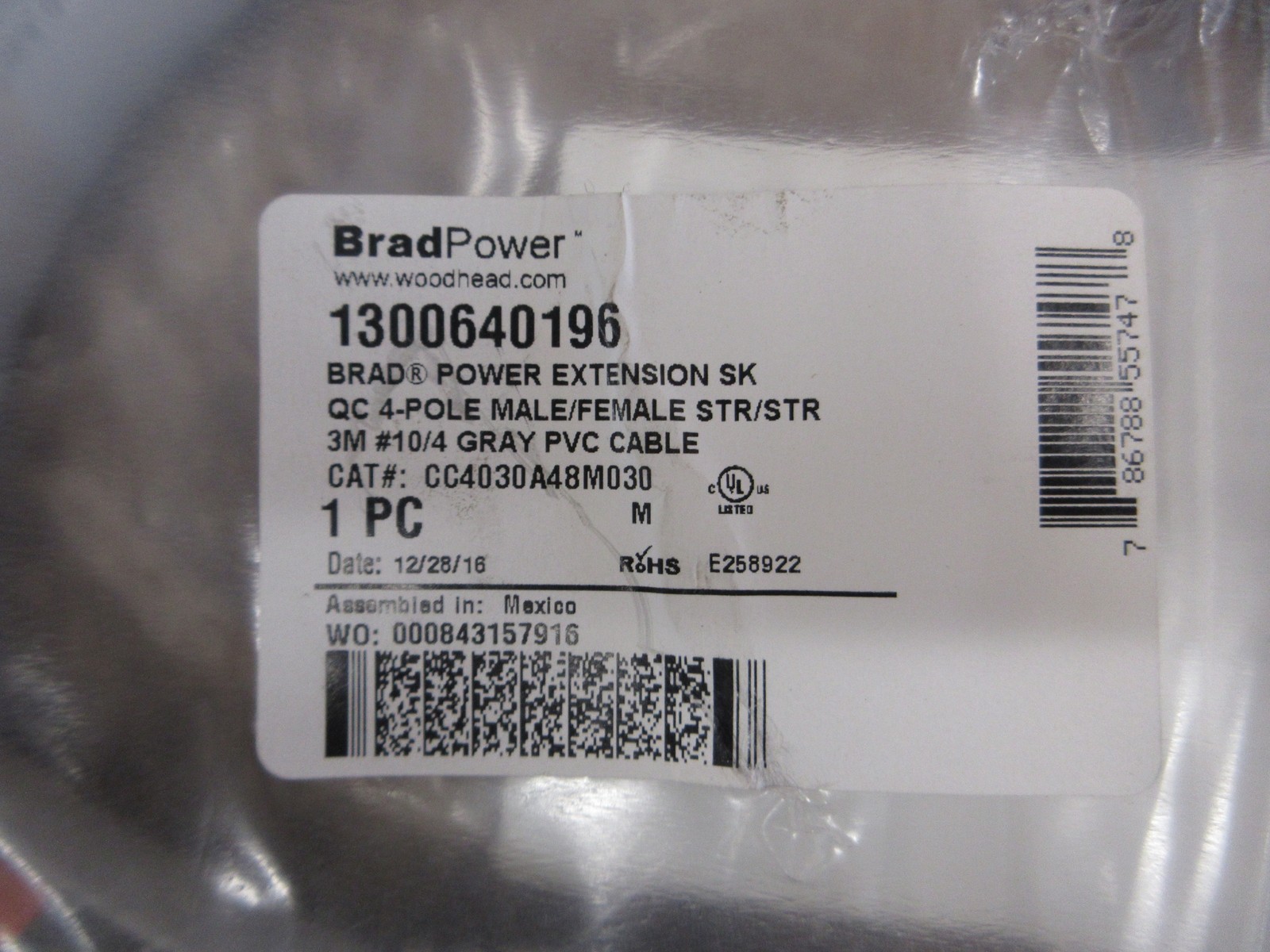 Woodhead Brad Power Extension Cordset CC4030A48M030 Length: 3m New Surplus