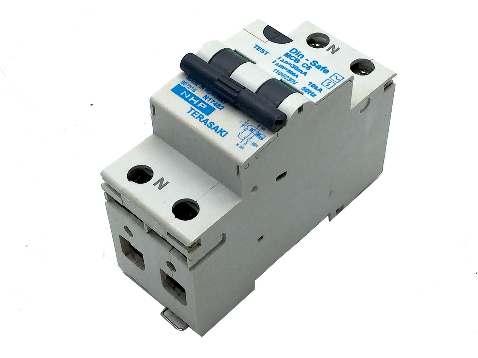 NHP TERASAKI DIN-SAFE MCB Circuit Breaker C6 1P+N C Curve 6A 10kA 30mA DSRCB0630