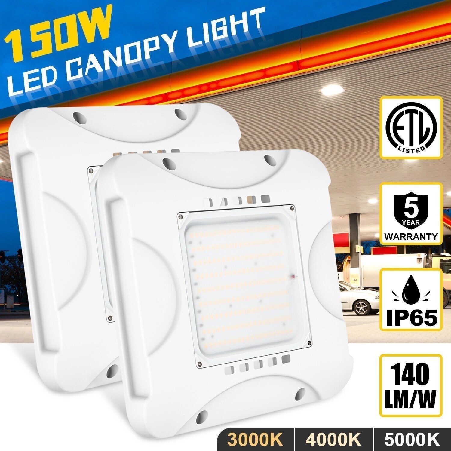 2Pack 150W LED Canopy Light Gas Station Parking Lot Commercial Lighting 21,000LM