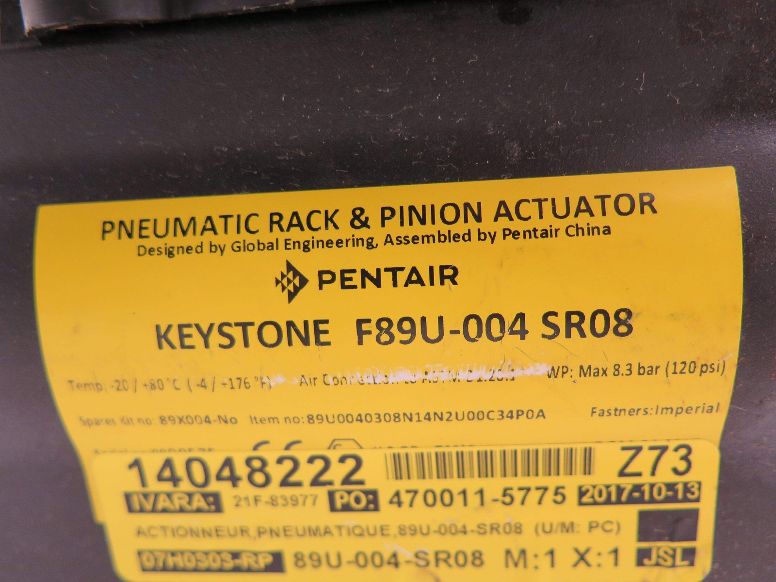 Keystone F89U-004 SR08 Pneumatic Rack & Pinion Actuator & 2007NBY2B2M0200