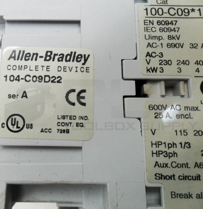 ALLEN BRADLEY 104-C09D22 /A CONTACTOR W/ (2) 100-C09*10 /A W/ 193-EA1DB /B
