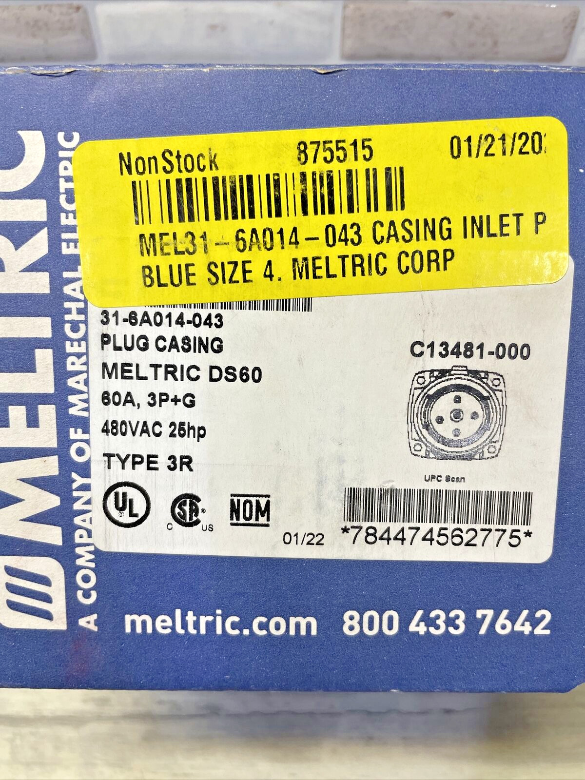 31-6A014-043 Meltric Plug Casing, 3P+G, 60A, Size 4, 480V, 25HP, Type 3R, DS60