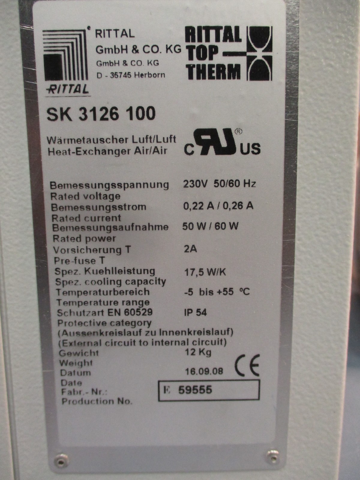 Rittal Top Therm SK3126.100 Air Heat Exchanger 230V, 50/60Hz IP54 50/60W