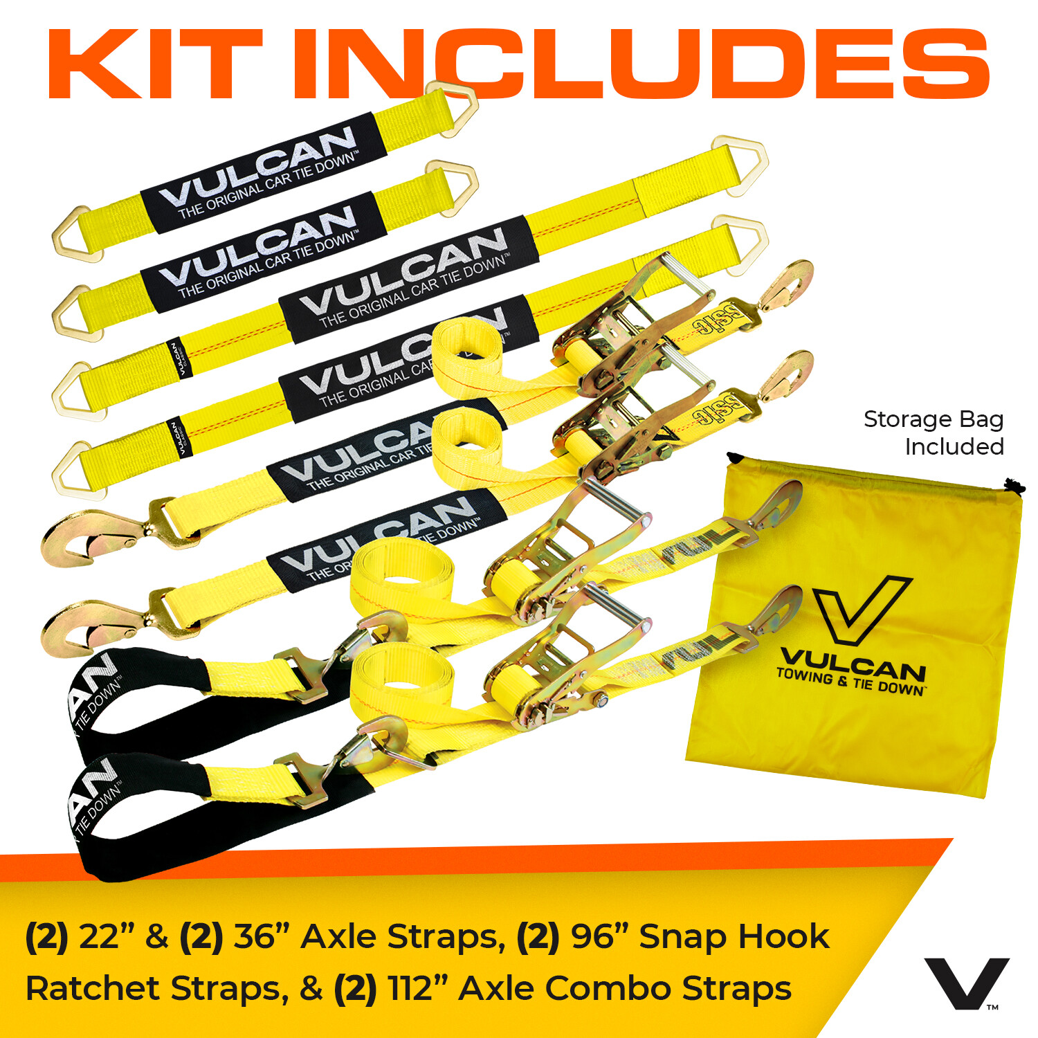 VULCAN Classic Yellow Axle & Ratchet Strap Tie Down Kit