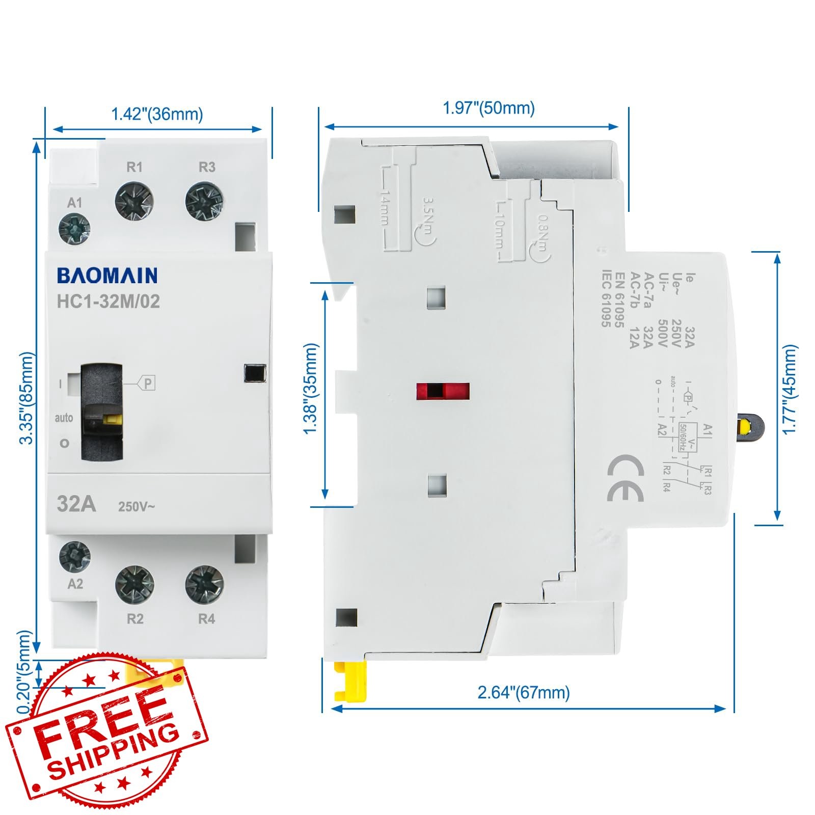 BAOMAIN Contactor HC1-32M 24V 2-Pole 32A 2NC