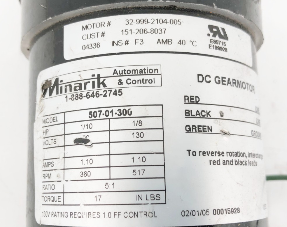 Minarik 507-01-300 DC Gearmotor 130V 1/8HP 1.10A 517rpm 5:1 – No Box
