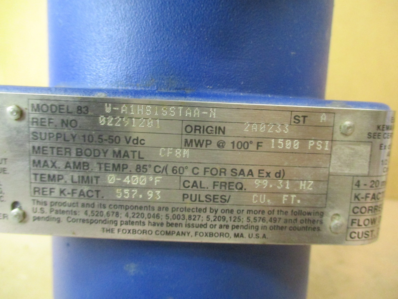 Foxboro Vortex Flowmeter 83 W-A1HS1SSTAA-N 10.5-50VDC MWP@100F 1500PSI 52859PRX