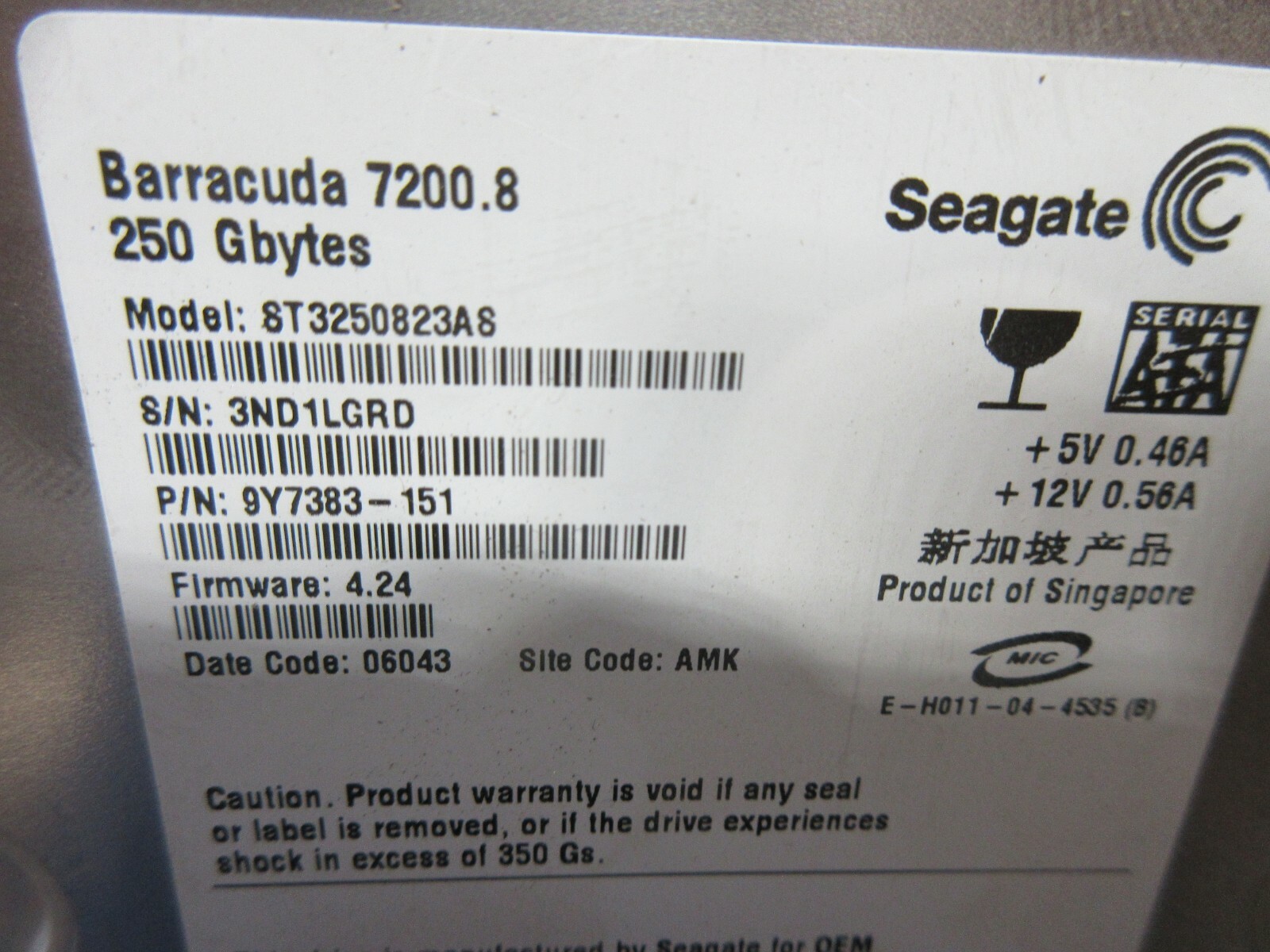 SEAGATE BARRACUDA 7200 8T3250823A8 A56017DDAAA 9Y7383-151 MIGHTY COMET VMC1250G