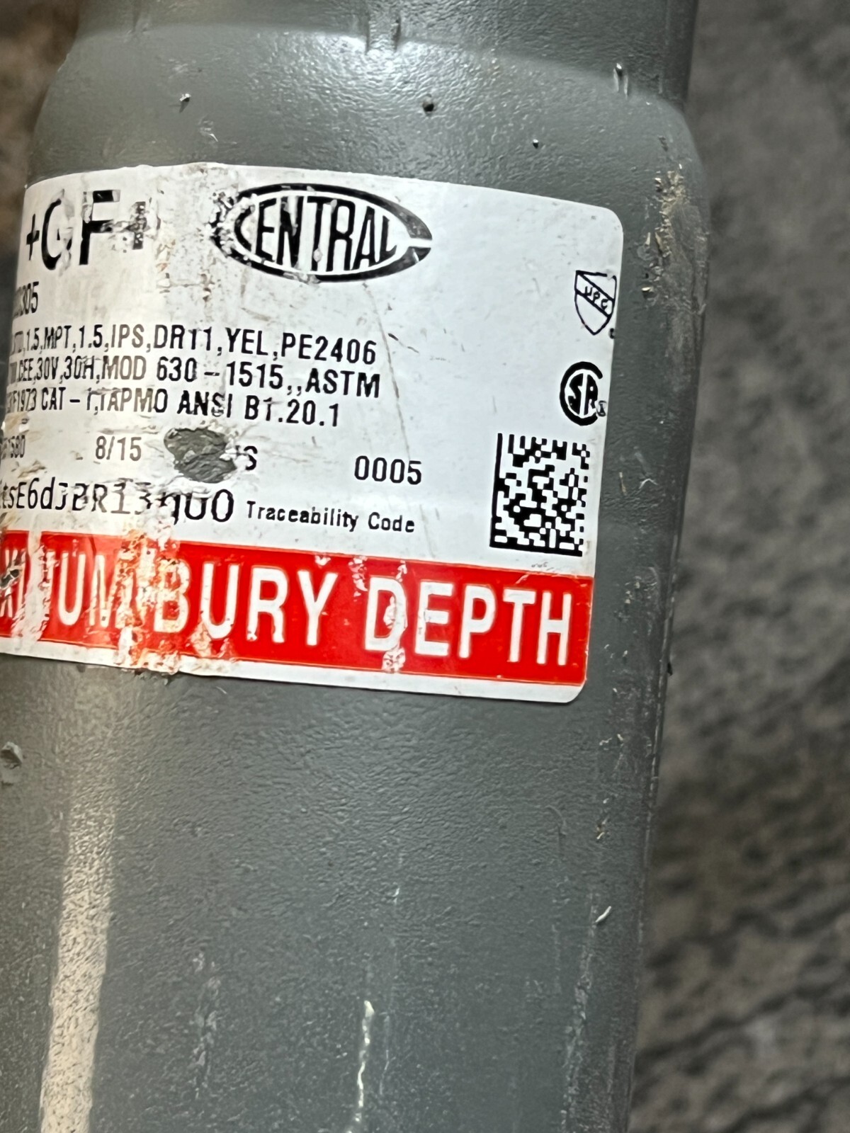 GF Central Pipe 6380305 ASR STD 1.5 MPT 1.5 IPS DR11 YEL PE2406 Anodeless Riser