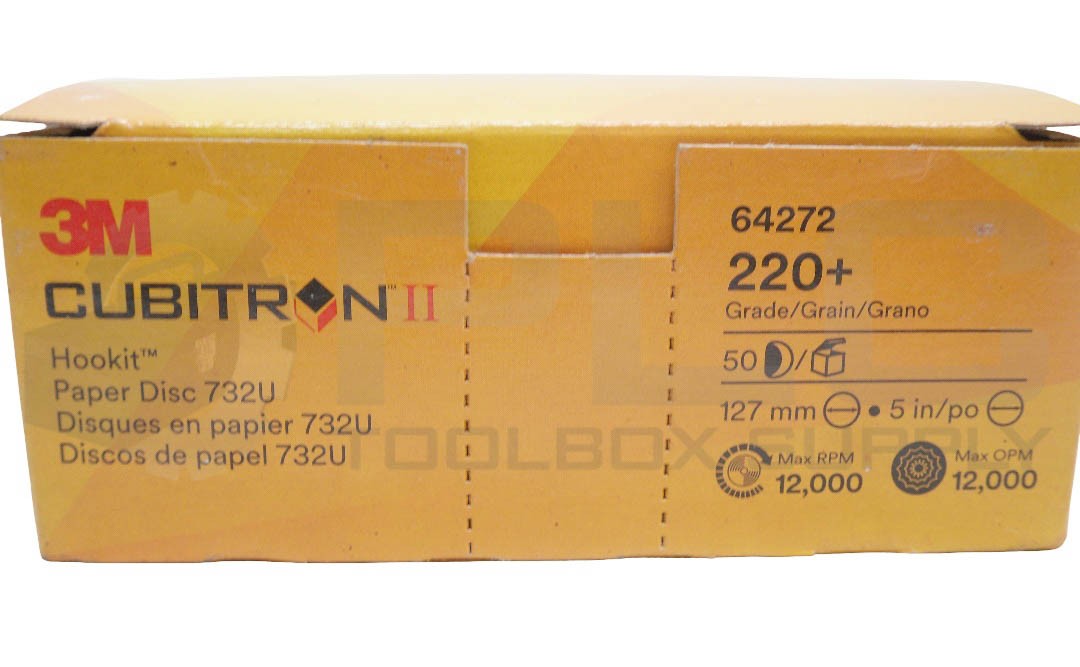 BOX OF 50 NEW 3M 64272 CUBITRON II HOOKIT PAPER DISC 732U, 220+ GRADE, 5″, 127MM