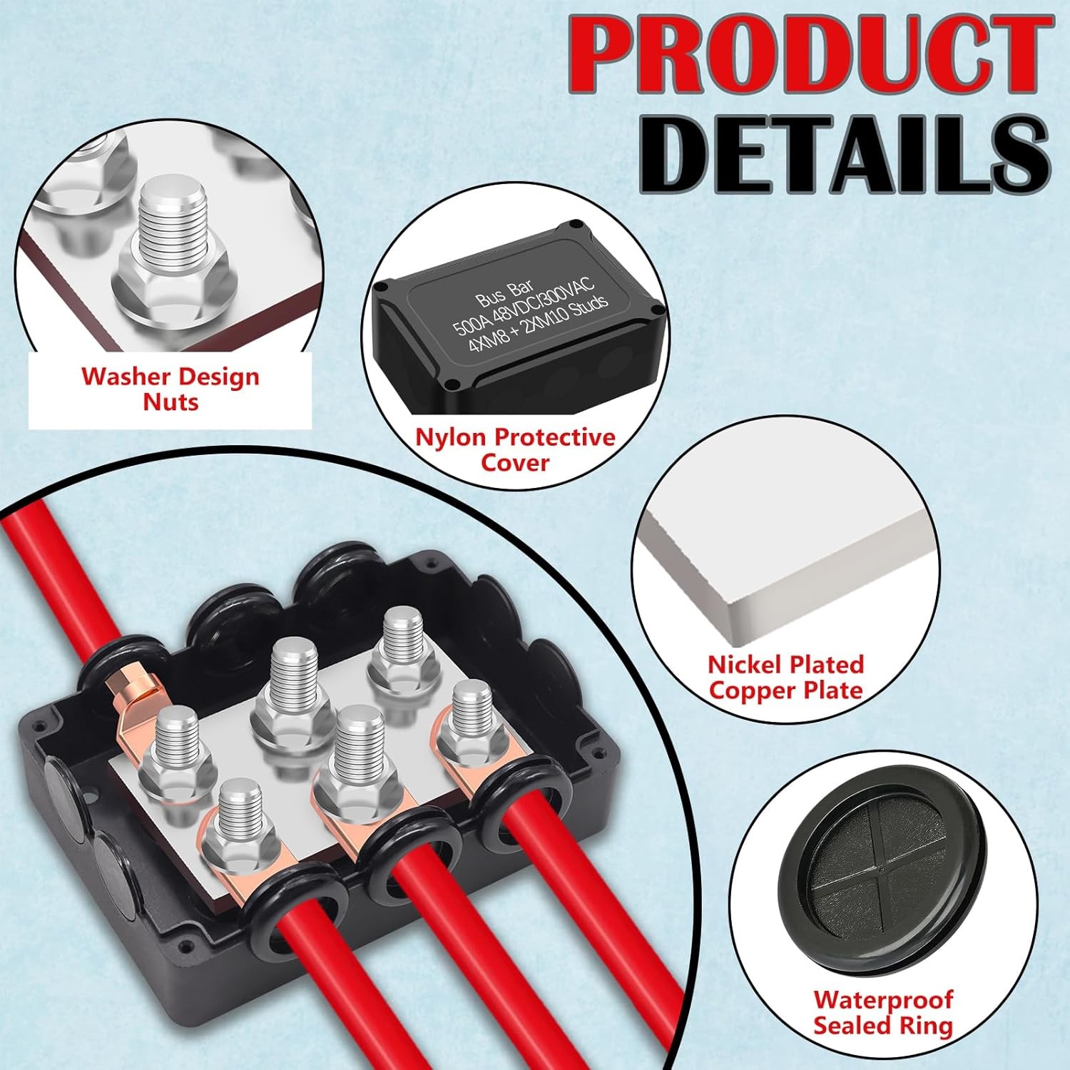 500A Marine Bus Bar Power Distribution Block Heavy Duty Waterproof Car Boat Sola