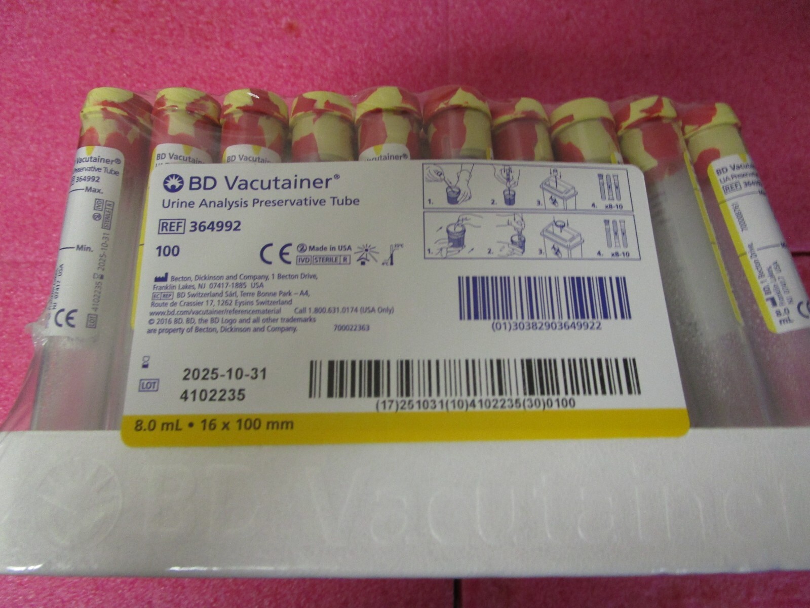 BD Vacutainer REF 364992 8mL Urine Analysis Preservative Tube 100 Pack EX10/2025