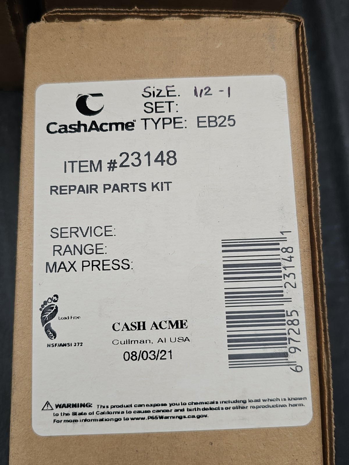 NEW CASH ACME TYPE EB25 REPAIR PARTS KIT #23148 SIZE 1/2-1 6CT 6D