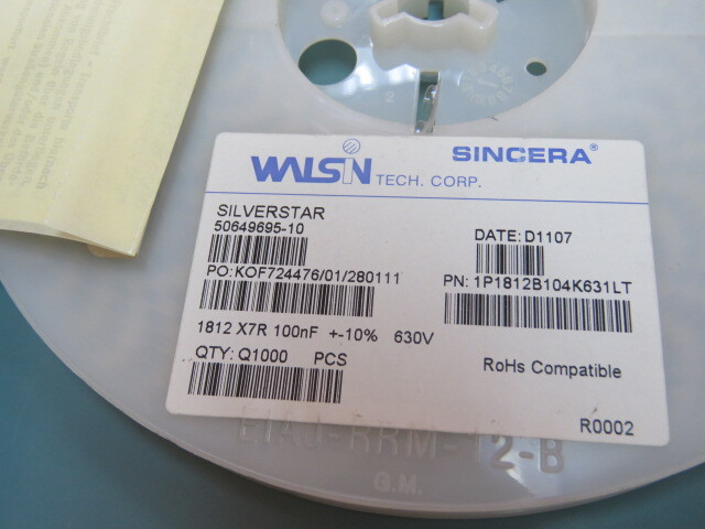 WALSIN 1812B104K631LT Qty of 1000 per Lot Cap Ceramic 0.1uF 630V X7R 10% Pad SM